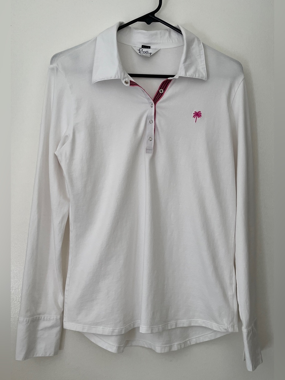 🩷 Lilly Pulitzer White Long Sleeve Polo Pink Palm Golf Resort Shirt | Women’s L